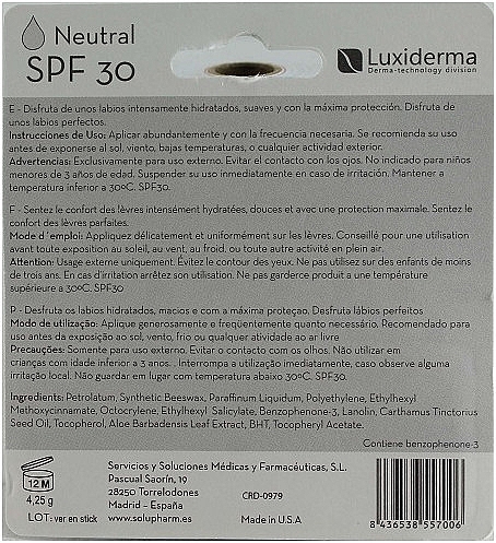 Balsam do ust SPF 30 - Luxiderma luxilips Smooth And Moisture Neutral Lip Balm — Zdjęcie N2