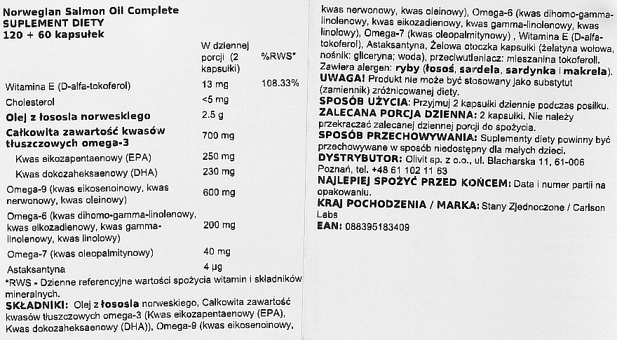 PRZECENA! Zestaw olej z łososia - Carlson Labs Norwegian Salmon Oil Complete (capsule/120 szt + capsule/60 szt) * — Zdjęcie N2