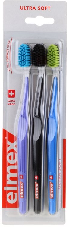 Bardzo miękkie szczoteczki do zębów, fioletowa + czarna + niebieska - Elmex Swiss Made — Zdjęcie N1