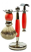 Zestaw do golenia - Golddachs Silver Tip Badger, Polymer Handle, Red, Chrom, Safety Razor (sh/brush + razor + stand) — Zdjęcie N1