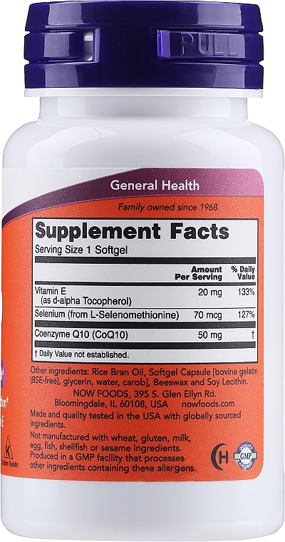 Koenzym Q10, 50 mg, 50 kapsułek żelatynowych - Now Foods CoQ10 With Selenium & Vitamin E — Zdjęcie N2