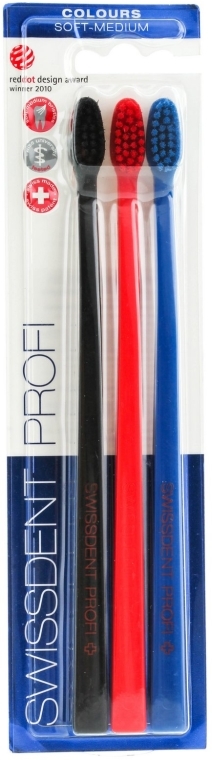 Szczoteczki do zębów, średnia twardość, czarna + czerwona + niebieska - SWISSDENT Profi Colours Soft-Medium Trio-Pack — Zdjęcie N1