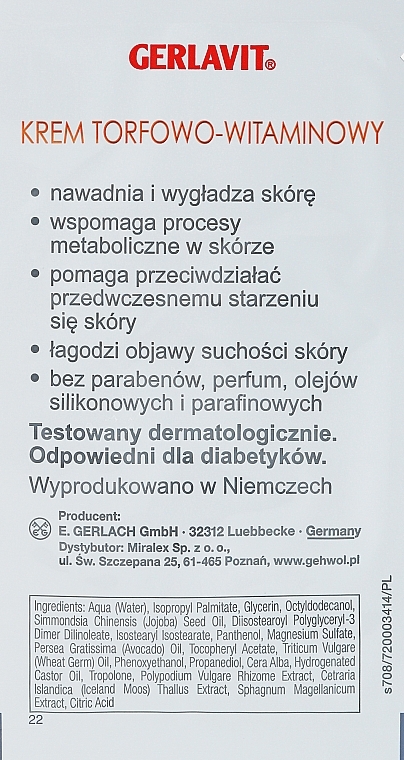 Torfowo-witaminowy krem ​​do twarzy - Gehwol Gerlavit Moor Vitamin Creme (próbka) — Zdjęcie N2