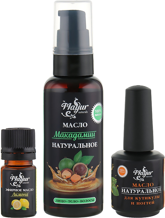 Zestaw do skóry i paznokci Macadamia i cytryna - Mayur (oil/50 ml + nail/oil/15 ml + essential/oil/5 ml) — Zdjęcie N1