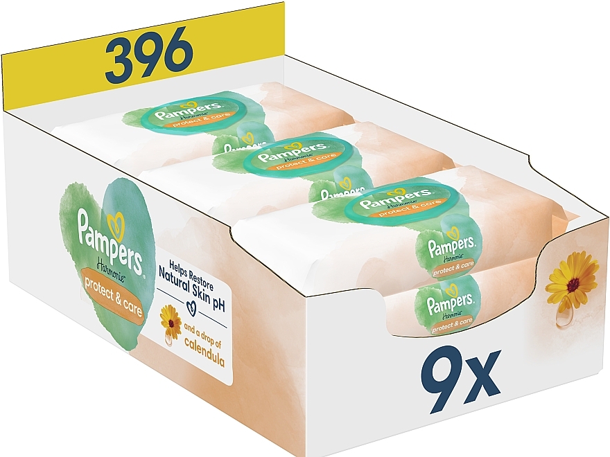 Chusteczki nawilżane dla dzieci z nagietkiem, 396 szt. - Pampers Harmonie Protect&Care Baby Wipes  — Zdjęcie N3