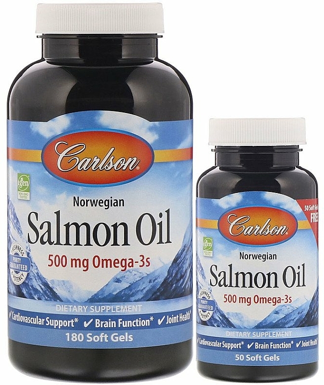 Zestaw olej z łososia, kapsułki - Carlson Labs Norwegian Salmon Oil (capsule/180szt + capsule/50szt) — Zdjęcie N1