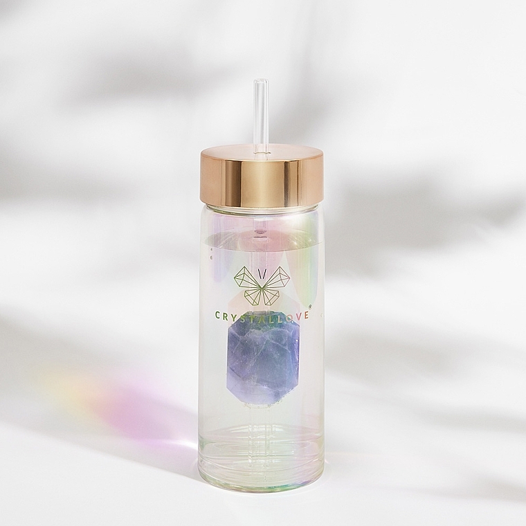 Szklana holograficzna butelka na wodę z ametystem i słomką, 400 ml - Crystallove Glass Hologram Water Bottle with Amethyst and Straw — Zdjęcie N4