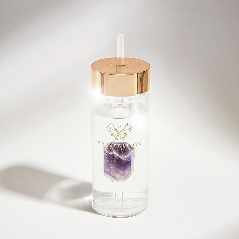 Szklana butelka na wodę z ametystem i słomką, 400 ml - Crystallove Glass Water Bottle with Amethyst and Straw — Zdjęcie N4