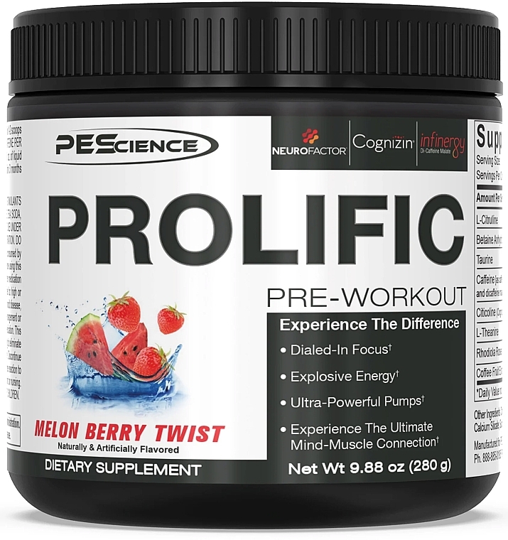 Kompleks przedtreningowy - PEScience Prolific Pre-Workout Melon Berry Twist — Zdjęcie N1