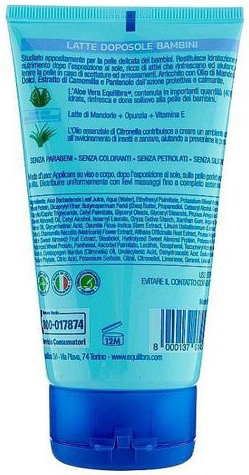 Kojące mleczko nawilżające dla dzieci po oparzeniach słonecznych - Equilibra Aloe Vera After Sun Milk Moisturizing and Calming For Kids — Zdjęcie N2