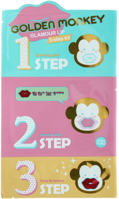 Koreańska kuracja do suchych i spierzchniętych ust - Holika Holika Golden Monkey Glamour Lip 3-Step Kit