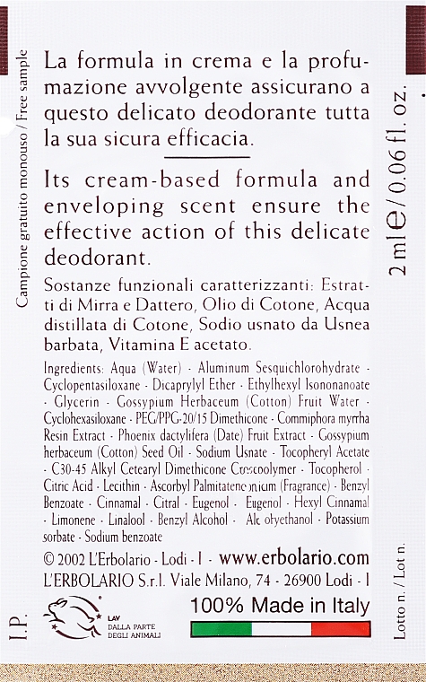 Dezodorant w kremie - L'Erbolario Crema Deodorante Con estratto di Daltero e di Mirra (próbka) — Zdjęcie N2