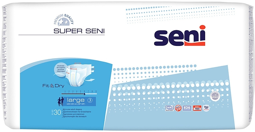 Pieluchy dla dorosłych, 100-150 cm, 30 sztuk - Seni Super Seni Large 3 Fit & Dry — Zdjęcie N1