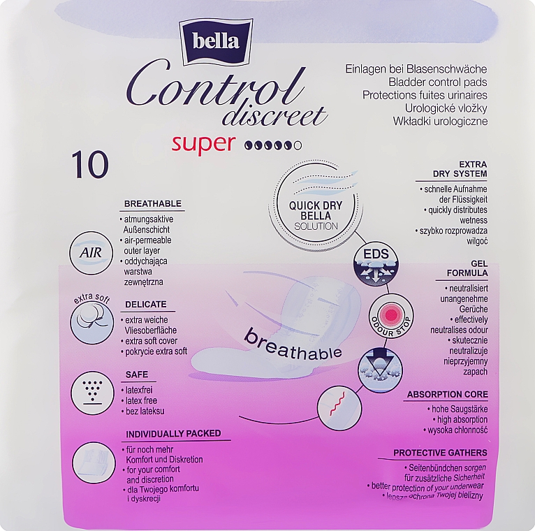 Wkładki urologiczne, 10 szt. - Bella Control Discreet Super Bladder Control Pads — Zdjęcie N2