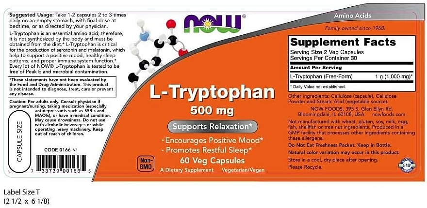 L-Tryptophan na dobry nastrój i spokojny sen - Now Foods L-Tryptophan — Zdjęcie N4