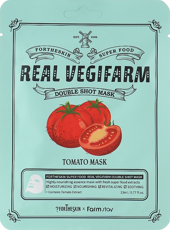 Rozjaśniająca maska do twarzy z ekstraktem z pomidorów - Fortheskin Super Food Real Vegifarm Double Shot Mask Tomato — Zdjęcie N1
