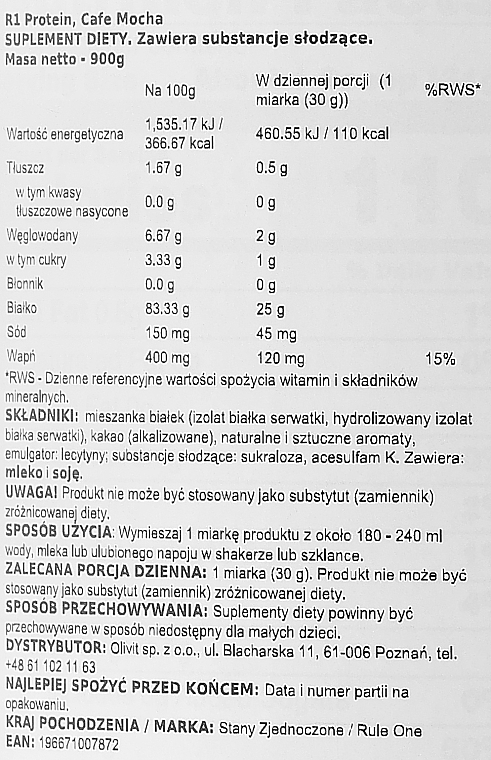 WYPRZEDAŻ Białko serwatkowe - Rule One Protein Cafe Mocha * — Zdjęcie N2