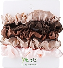 Zestaw satynowych gumek do włosów, 5 szt., beżowa + ciemny brąz + brązowa + beżowa + różowa - Yeye — Zdjęcie N1