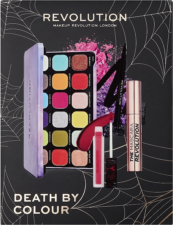 Zestaw - Makeup Revolution Death By Colour Set (mascara/12ml + eye/shadow/18x1.1g + lipstick/2.2g + eye/liner/1ml) — Zdjęcie N1