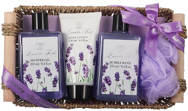 Zestaw (sh/gel 250 ml + b/bath 250 ml + b/lot 120 ml + sponge + basket) - Aurora Lavender Fields — Zdjęcie N1