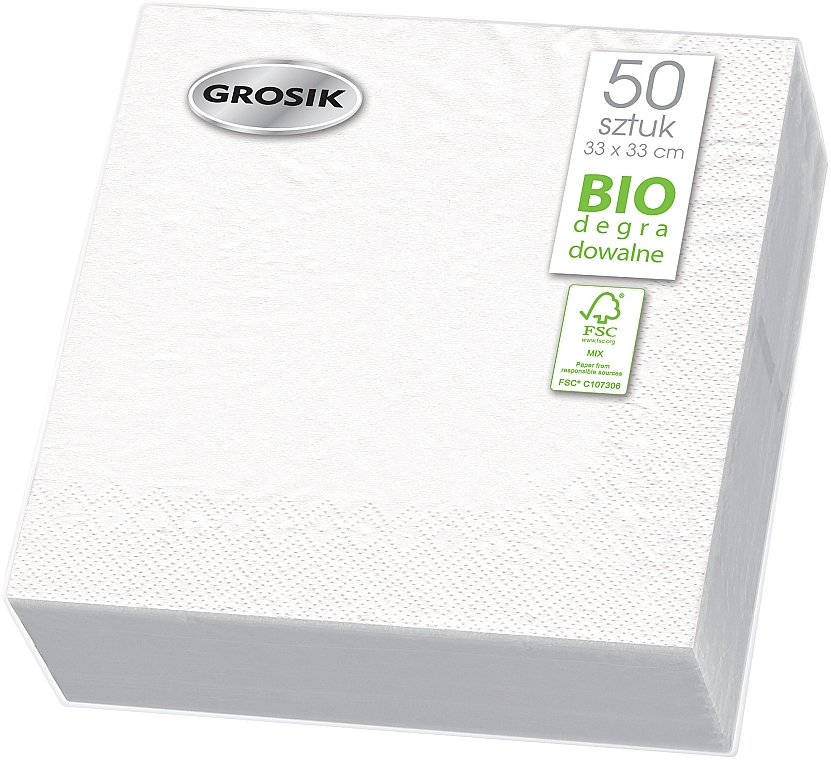 Biodegradowalne serwetki papierowe, dwuwarstwowe, 33 x 33 cm, białe, 50 szt. - Grosik — Zdjęcie N1