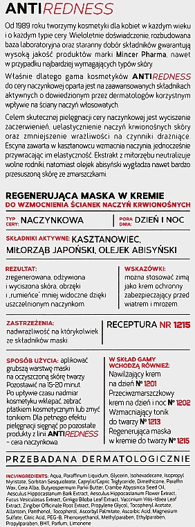 Regenerująca maska w kremie do cery naczynkowej - Mincer Pharma AntiRedness N°1215  — Zdjęcie N3