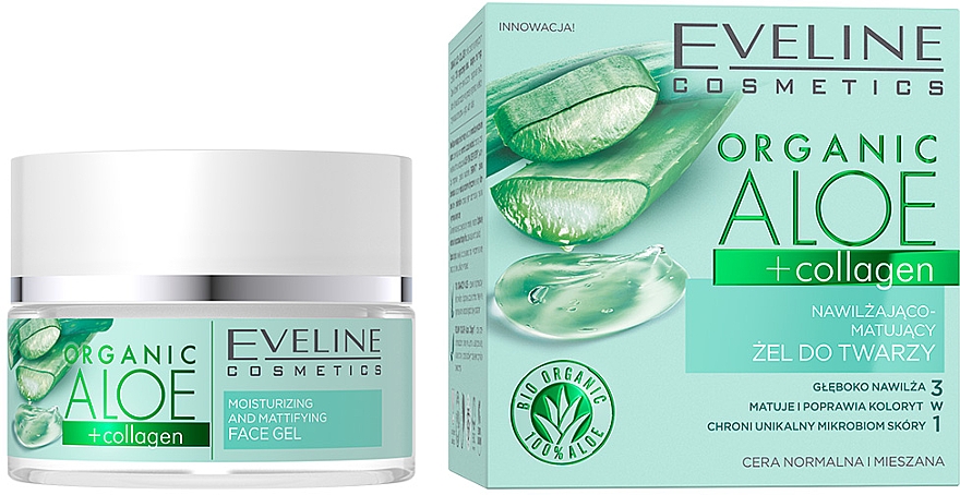 Nawilżająco-matujący żel do twarzy - Eveline Cosmetics Organic Aloe + Collagen