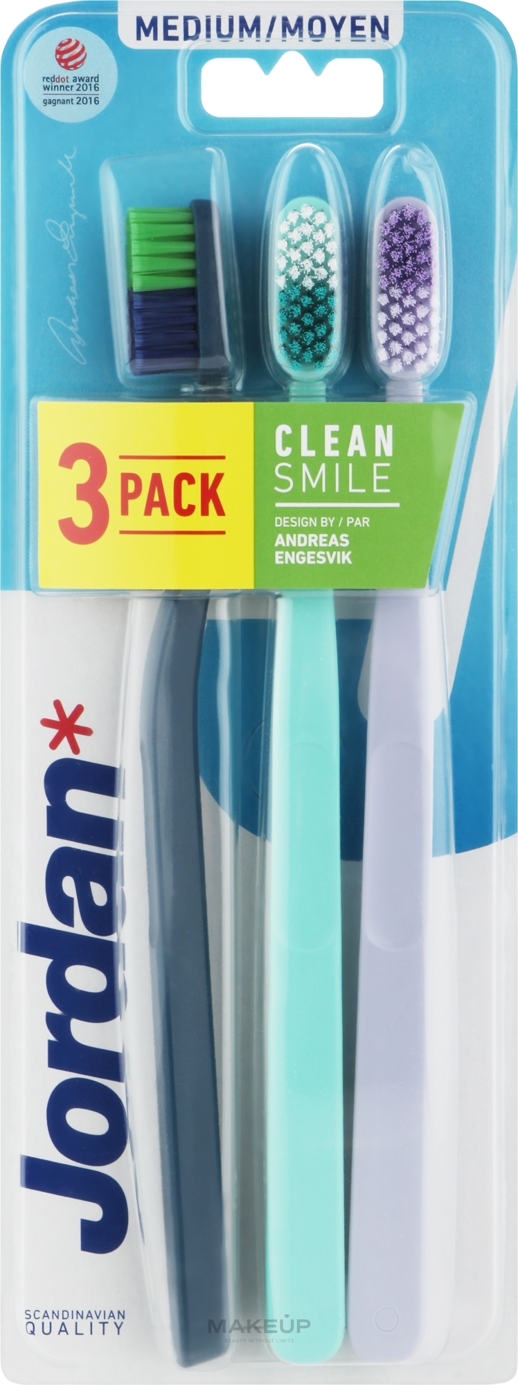 Średnio twarda szczoteczka do zębów, 3 szt., granatowa + liliowa + miętowa - Jordan Clean Smile Medium — Zdjęcie 3 szt.