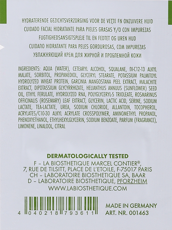 Krem do cery tłustej i problematycznej - La Biosthetique Methode Clarifiante Purete (próbka) — Zdjęcie N2