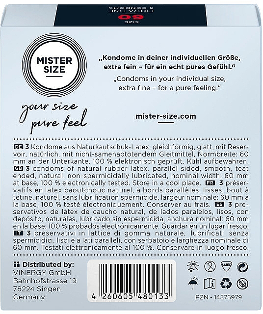 Prezerwatywy lateksowe, rozmiar 60, 3 sztuki - Mister Size Extra Fine Condoms — Zdjęcie N3