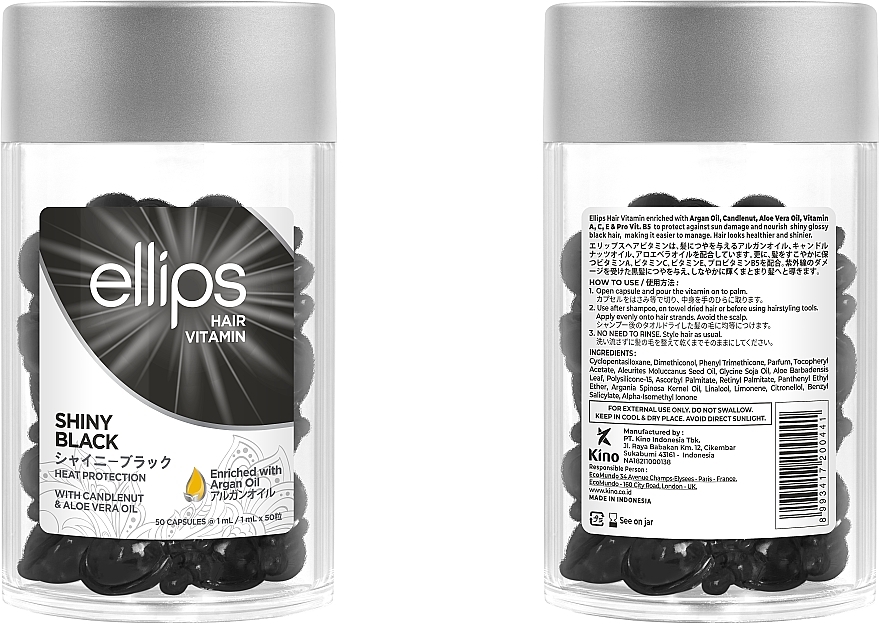 Kapsułki z olejem z orzechów kukui i aloesem do włosów ciemnych - Ellips Shiny Black Hair Vitamins (8 x 1 ml)