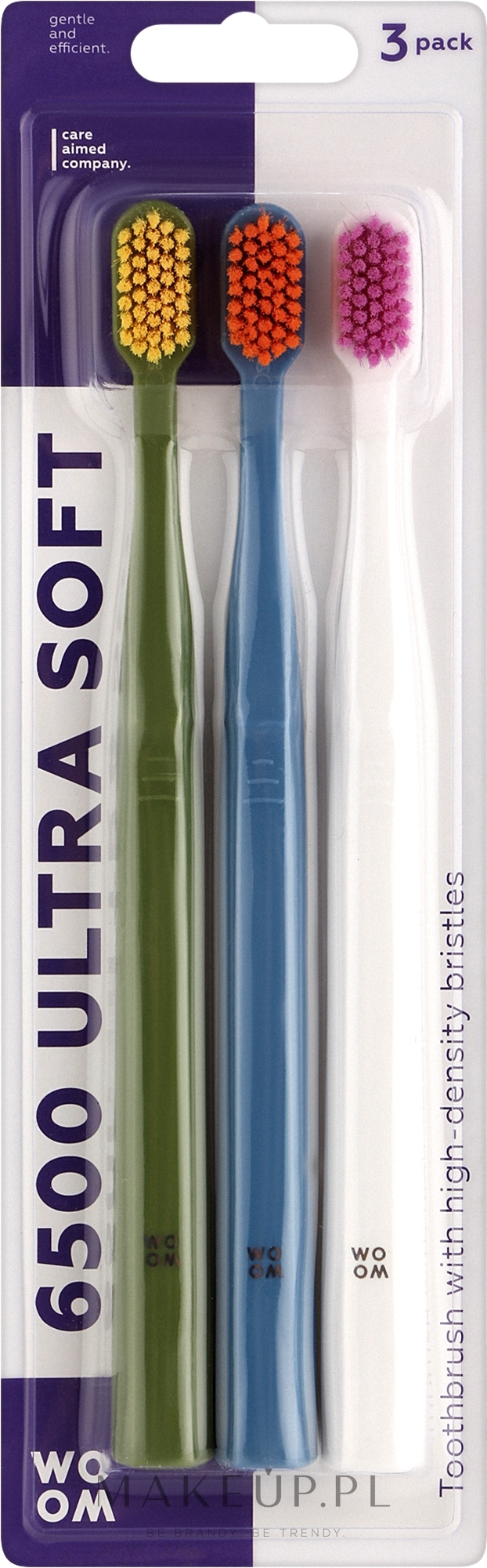 Zestaw szczoteczek do zębów, ultramiękkie, zielona, niebieska, biała - Woom 6500 Ultra Soft Toothbrush — Zdjęcie 3 szt.