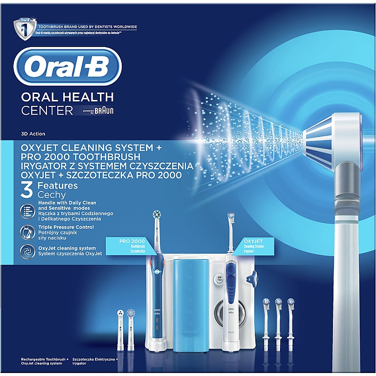 Zestaw Irygator + elektryczna szczoteczka do zębów + wymienne końcówki, 9 szt. - Oral-B Braun Oxyjet + PRO 2000 — Zdjęcie N2