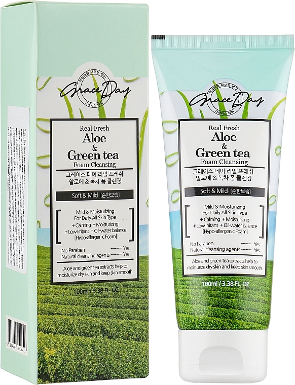 Odświeżająca pianka do mycia twarzy z aloesem i zieloną herbatą - Grace Day Real Fresh Aloe Green-Tea Foam Cleanser — Zdjęcie N2