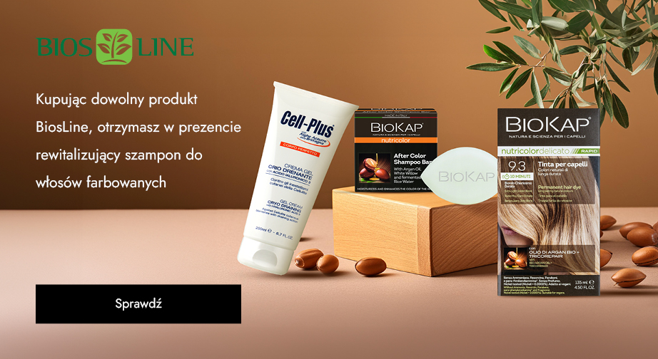 Kupując dowolny produkt BiosLine, otrzymasz w prezencie rewitalizujący szampon do włosów farbowanych.