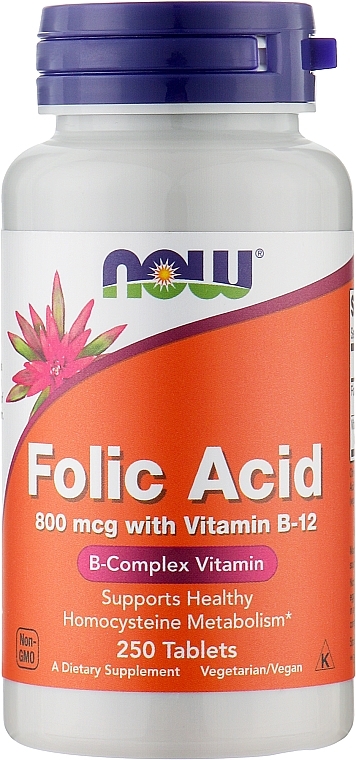Kwas foliowy 800 mcg + B12 - Now Foods Folic Acid 800 mcg + B12 — Zdjęcie N1