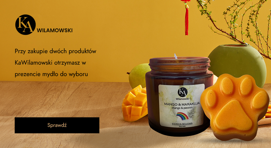 Przy zakupie dwóch produktów KaWilamowski otrzymasz w prezencie mydło do wyboru: żółte, czerwone lub pomarańczowe.