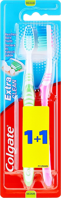 Szczoteczki do zębów o sredniej twardości, różowa + zielona - Colgate Extra Clean Medium — Zdjęcie N1