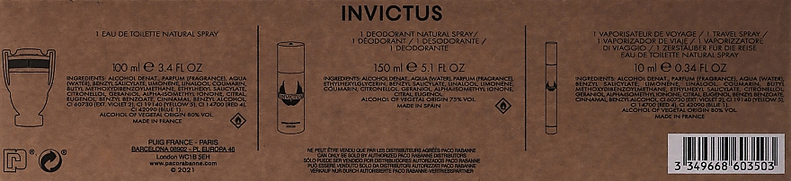 Paco Rabanne Invictus - Zestaw (edt 100 ml + deo 150 ml+ edt 10 ml) — Zdjęcie N3