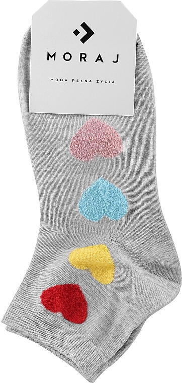 Skarpetki damskie bawełniane, 1 para, szare w różnokolorowe serduszka - Moraj — Zdjęcie N1