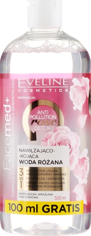 Nawilżająco-kojąca woda różana 3 w 1 do cery suchej, wrażliwej i naczynkowej - Eveline Cosmetics Facemed+ — Zdjęcie N3