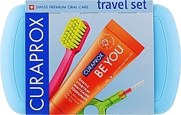 Kup Zestaw podróżny do higieny jamy ustnej, niebieski - Curaprox Be You (tbr/1szt + paste/10ml + 2xbrush/1szt + acc + bag)