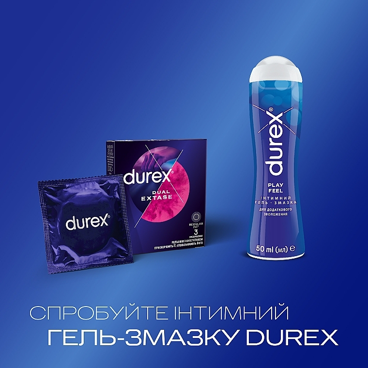 Prezerwatywy lateksowe z lubrykantem silikonowym, z wytłoczonym środkiem znieczulającym, 3 szt. - Durex Dual Extase — Zdjęcie N5