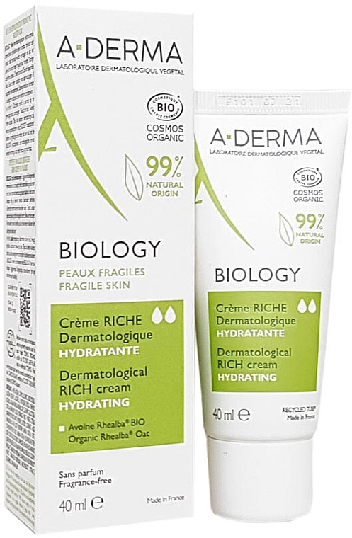 Bogaty krem nawilżający do twarzy - A-Derma Biology Organic Rich Moisturizing Cream — Zdjęcie N1