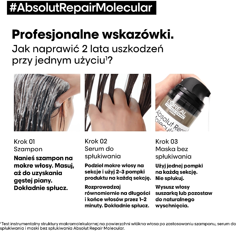 Profesjonalna wielofunkcyjna maska bez spłukiwania do molekularnej odbudowy zniszczonej struktury włosów - L'Oreal Professionnel Serie Expert Absolut Repair Molecular Leave-In Mask — Zdjęcie N4