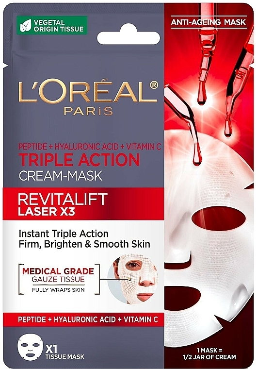 Przeciwzmarszczkowa maska ​​do twarzy o potrójnym działaniu - L'Oreal Revitalift Laser X3 Cream-Mask