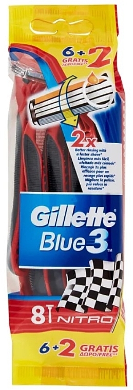 Zestaw jednorazowych maszynek do golenia, 6+2 szt. - Gillette Blue 3 Nitro — Zdjęcie N1