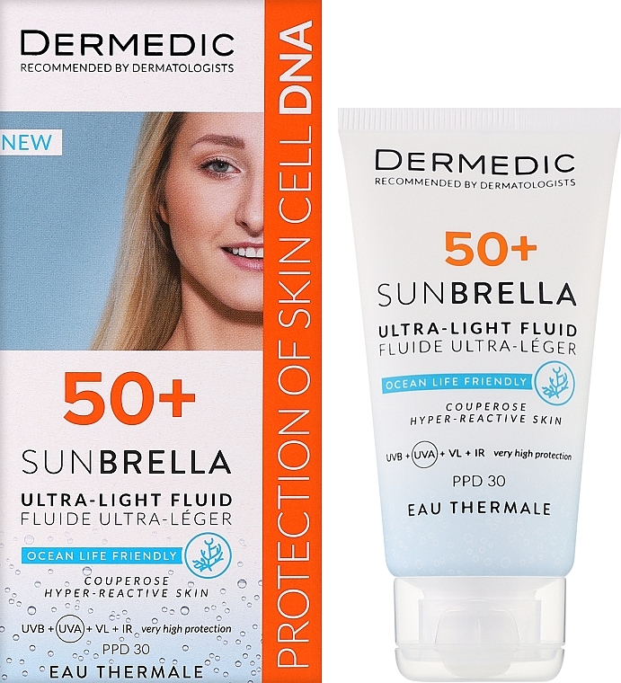 Ultralekki krem ​​ochronny SPF 50+ dla skóry naczyniowej i nadreaktywnej - Dermedic 50+ Sunbrella Ultra-light Fluid — Zdjęcie N2