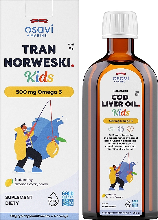Suplement diety dla dzieci Omega 3, 500 mg, smak cytrynowy - Osavi Tran Norweski Kids  — Zdjęcie N2