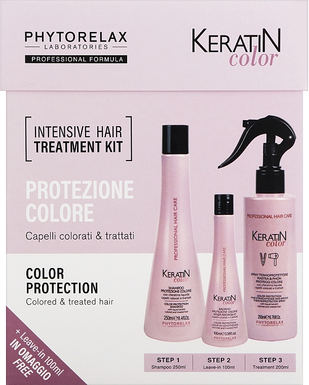Zestaw - Phytorelax Laboratories Keratin Color Intensive Hair Treatment Kit (shm/250ml + cond/100ml + h/spray/200ml) 